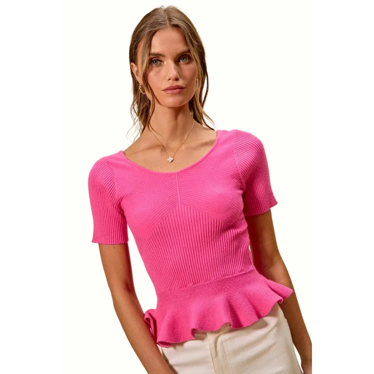 SO ME Ribbed Knit Short Sleeves Peplum Sweater Top