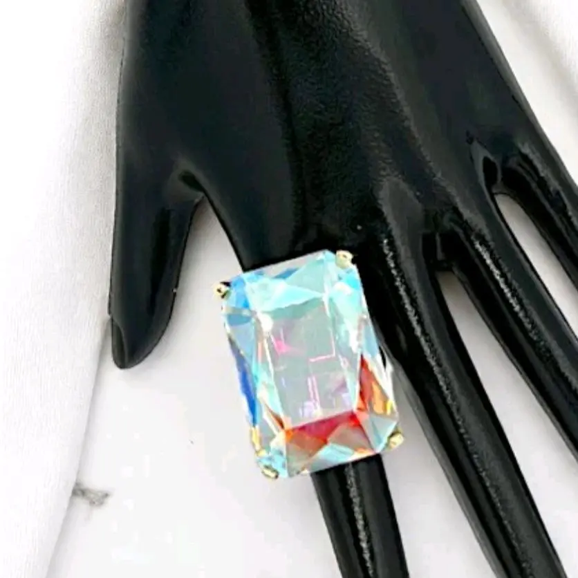 Large Faceted Rectangle Gem Stretch Ring in Gold with AB stone