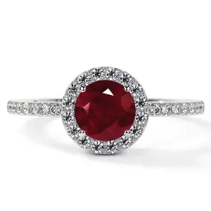 Classic Round Ruby Halo Ring with Prong Set Diamonds (1.35cttw)- RRB001-6X6-AA