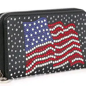 American Flag Rhinestone Long Wallet with Patriotic Design and Sparkling Rhinestones