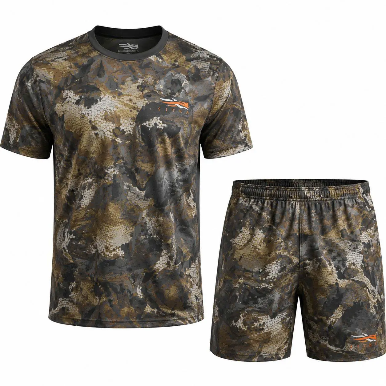 SITKA Camo Performance T-Shirt & Shorts Set for Men, Lightweight Quick Dry Hunting Outfit, Breathable Moisture Wicking Camouflage Athletic 2 Piece Set