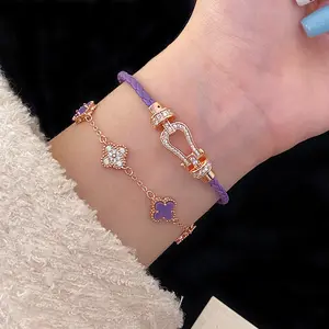 Purple Full Diamond Clover Flower Bracelet with Horseshoe Clasp Charm Bracelet