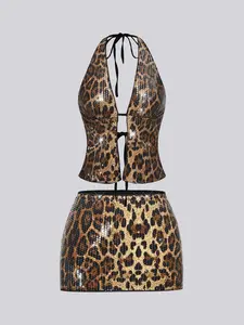 Women's sexy leopard print halter top and skirt set outfit, evening dress for holiday parties, clubwear, disco, glitter, dance nights, Womenswear