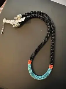 Dequa Modern Black Blue and Coral Hand-Crocheted Beaded Necklace with Striking Color Block Design and Secure Clasp for Casual and Formal Outfits