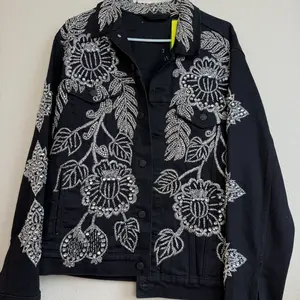 #155 Luna Sparkle Black Denim Jacket with Silver Embroidery and Beaded Details for Women
