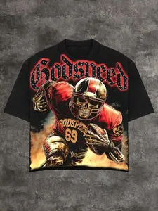 Godspeed with Skeleton Football Player Y2K Dark Printed T-shirt, Loose Large Size Street Fashion Brand Short Sleeve, American Retro Hip Hop Neutral Couple Outfit