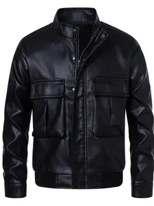 Men's Stand Collar Multi-Pocket Faux Leather Jacket, Dual Zipper Motorcycle Windbreaker, Casual Streetwear Pilot Coat