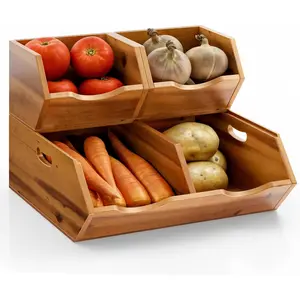 Onion and Potato Storage Bin - Acacia Wood Storage Basket Organization and Storage - Wooden Stackable Basket for Bread, Fruits, Vegetables - Kitchen Counter Onion Basket (Patent Pending)