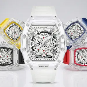 Men's Luxury Transparent Waterproof Barrel-Shaped Tonneau Skeleton Quartz Watch with Calendar Display & Luminous Markers Water Resistant Wristwatch for Daily Party & Outdoor Use Great Birthday Gift Idea with Tin Box Included