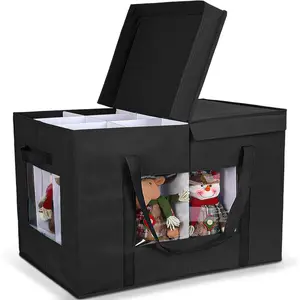 2025 Upgraded 24”x18”x15” Christmas Figurine Nutcracker Storage Box with Dividers Adjustable Area for Figurines and Pocket, Black Ornament Storage