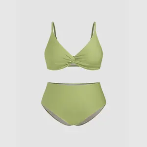 Cider Rib Fabric V-neck Twist Triangle Full Coverage Bikini Set Curve & Plus