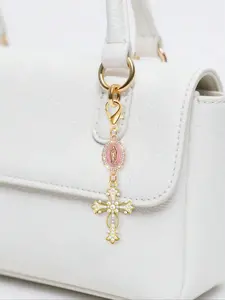 Christian Cross with Pearl and Diamond Charm, Bag Pendant, Wallet Decoration, Earphone Case Accessory, Luggage/auto Decorative Keyring, Bag Charm Keychain