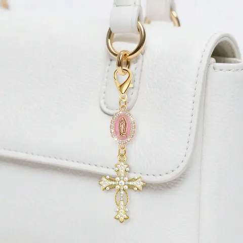 Christian Cross with Pearl and Diamond Charm, Bag Pendant, Wallet Decoration, Earphone Case Accessory, Luggage/auto Decorative Keyring, Bag Charm Keychain, Purse Accessories, Charms for bags