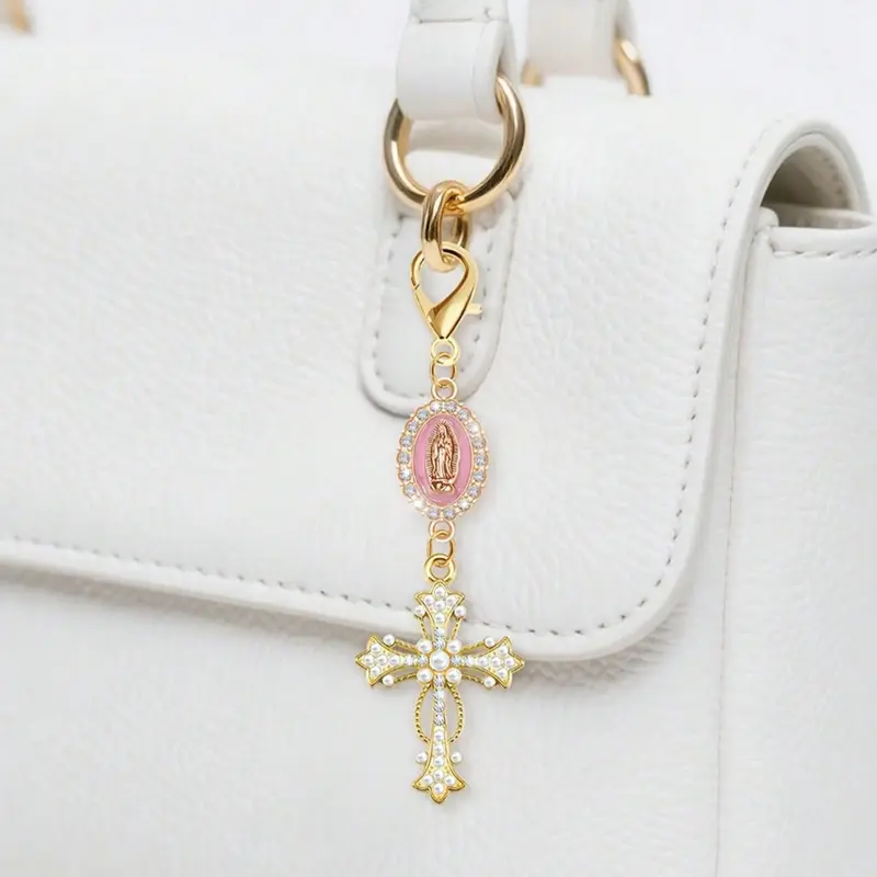 Christian Cross with Pearl and Diamond Charm, Bag Pendant, Wallet Decoration, Earphone Case Accessory, Luggage/auto Decorative Keyring, Bag Charm Keychain, Purse Accessories, Charms for bags