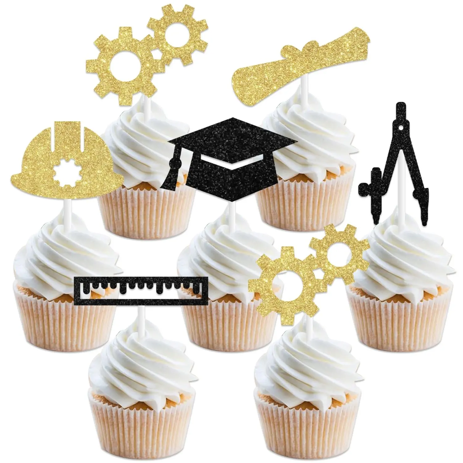 24pcs Glitter Engineer Cupcake Toppers - Hard Card, Shiny Glitter, Multi-Size Engineer Icons, Congrats Grad Decor for Class of 2026 Graduation Party Supplies