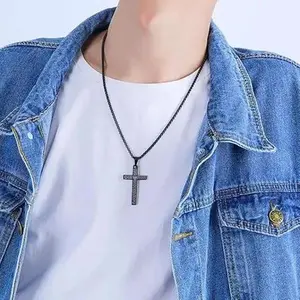Modern Cross Charm Necklace with Detailed Engraving, Black Silver  Pendant for Guys,Chain Included