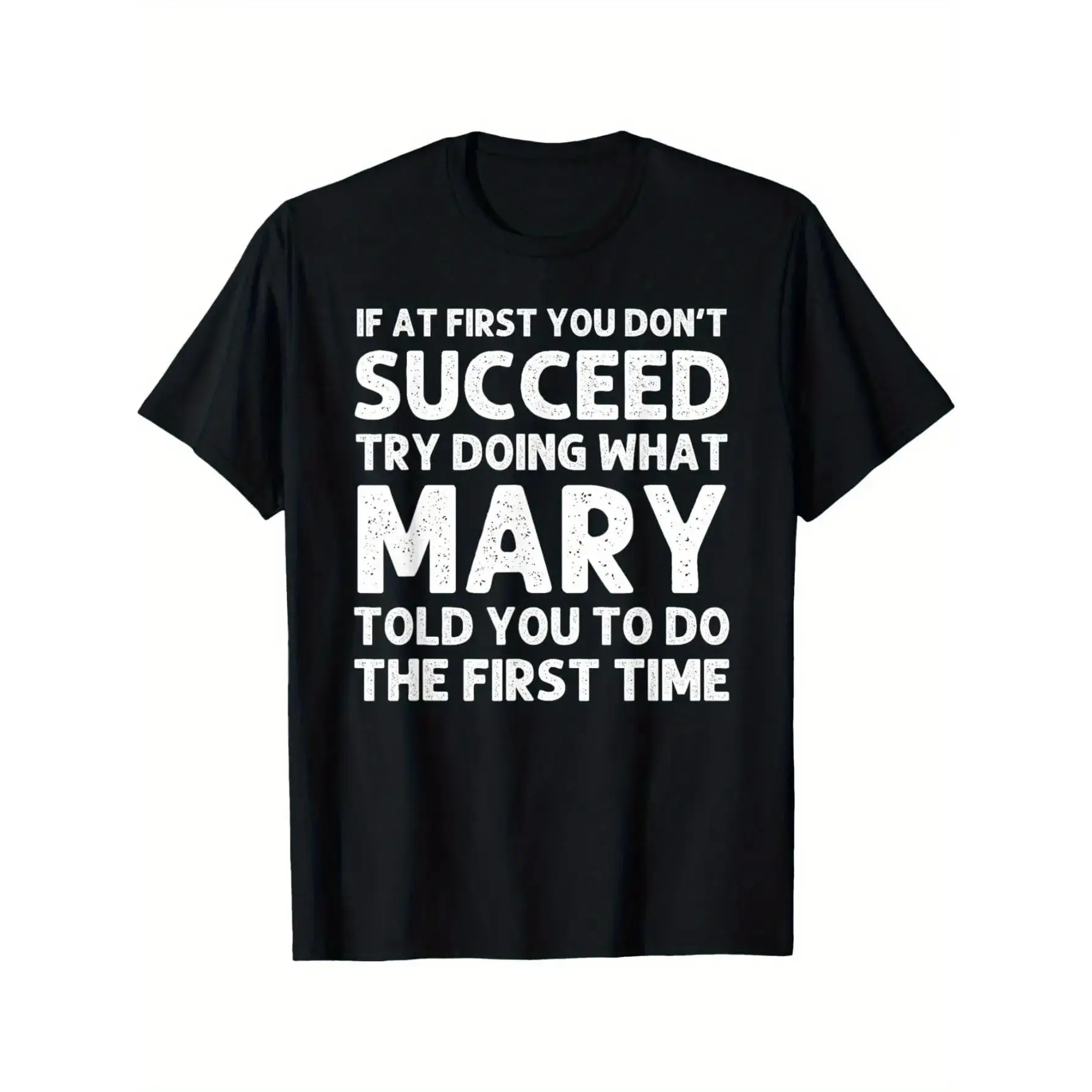 Menswear "Mary" Funny Quote Short-Sleeve Cotton Round Neck T-Shirt - Humorous Birthday Gift Idea, Loose Oversize Casual Tee with Bold White Text on Black, Machine Washable Y2K Backwards Demon Double Print Novelty Top Graphic Oversized