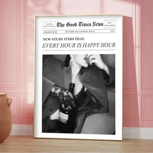 Trendy Newspapers Print, Retro Bar Cart, Drinking Quotes Wall Art, Preppy Room Decor, Funky Wall Art