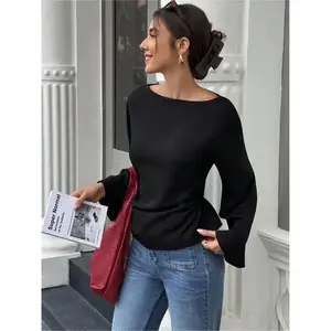 Casual Loose Fit Flare Sleeve Top with Tie Back Waist Design, Pure Color Women's Fashion Long Sleeve Shirt for Daily Wear??gift??Gift