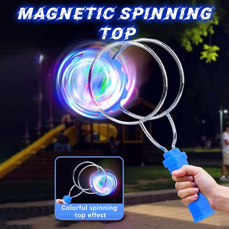 Hand-Crank Magnetic Spinning Top Toy – Features dazzling LED rainbow color-changing lights, multiple play modes, and multiplayer battle capability. A fun, stress-relieving toy that helps strengthen wrist dexterity, suitable for both adults and kids
