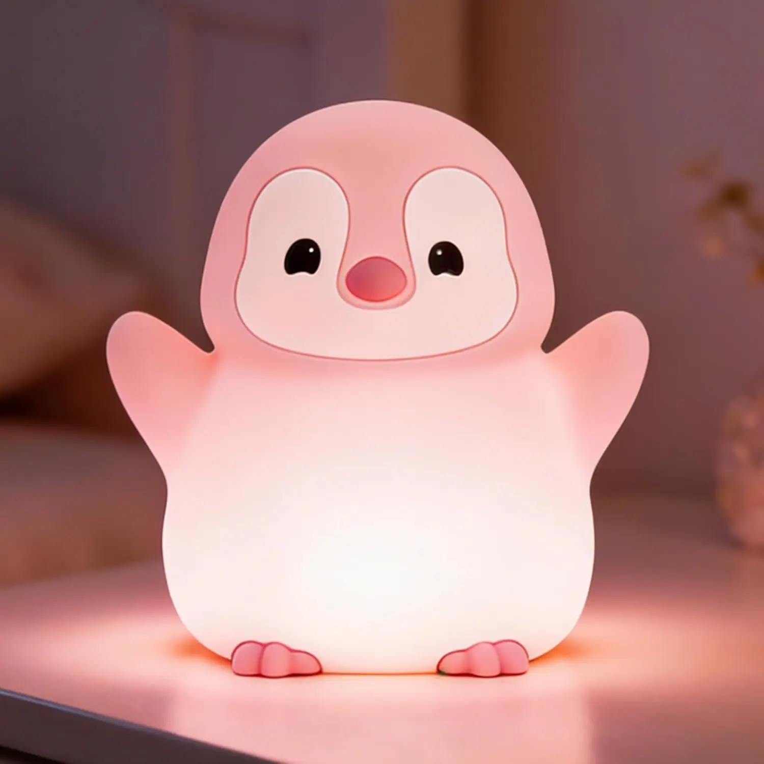 Penguin Night Light for Kids,Cute Pink Penguin Lamp,Soft Silicone Nursery Nightlight,LED Squishy Novelty Animal Bedside Lamp,Rechargeable/Dimmable/Timer,Room Deco,Christmas Gifts for Mom Girls Baby