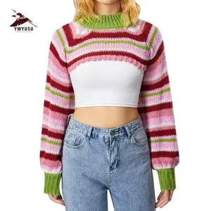 Women Knitted Shrug Sweater Casual Striped Loose Long Sleeves Half Turtleneck Pullover Crop Tops Streetwear