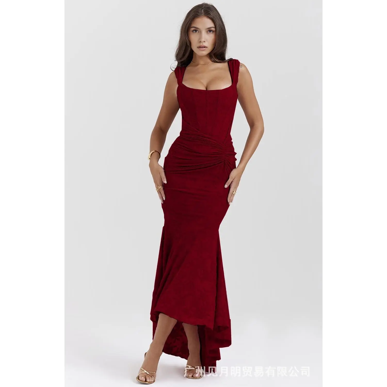 Square Collar Elastic Net Jacquard Pleated Sleeveless Fishtail Suspender Dress Urban Corset Dress Casual Fabric Square Collar Elastic Net Jacquard Pleated Sleeveless Fishtail Suspender Dress Urban Corset Dress Casual Fabric