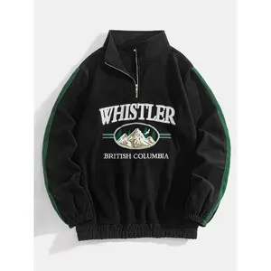 Men's Landscape Embroidery Half Zip Drop Shoulder Fleece Sweatshirt, Loose Casual Long Sleeve Funnel Neck Pullover for Fall & Winter, Men's Clothes for Daily Wear, Menswear