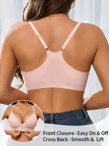 1/4 Pack Simple Comfortable Seamless Front Buckle Jelly Bra, Push-Up Lift Cross Back Design, No Underwire Adjustable Straps, Women's Sports Bra
