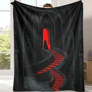 Gothic Cathedral Red Stairway Flannel Blanket， Dark Aesthetic Architecture Print， Soft Warm Breathable Cozy Plush Throw， Perfect for Bedroom Decor， Living Room Ambiance， Reading Nook， Meditation Space， Halloween Gift， Artistic Home Accent