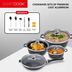 Smartcook Premium Cast Aluminum Cookware Set, Saucepan/Stockpot, Pot, Oven Safe, Dishwasher Safe, Cooking Set with Frying Pan Ceramic Glass Handles Induction Stove Ladle Lids