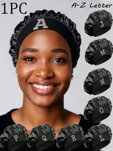 1pc crsonalized 26 Alphabet Print Satin Wide Brim Elastic Sleep Cap, Suitabi For Curly And Straight Hair Sleep Bonnet Sleeping Cap