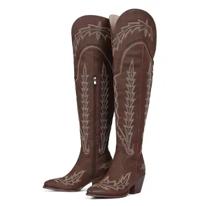 Women's Red Embroidered Cowboy Boots Extra Wide Calf Knee High Western Cowgirl Boots Pointed Toe Chunky Heel with Side Zipper Trendy Y2K Coastal Cowgirl Boots for Casual Dress Rodeo Concert Outfit