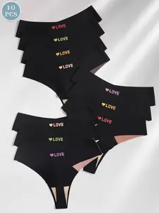 10-pack of thong panties, low-waisted color-blocked V-shaped triangle panties, sexy LOVE letter soft and comfortable for everyday activities in all seasons, Colorblock panties