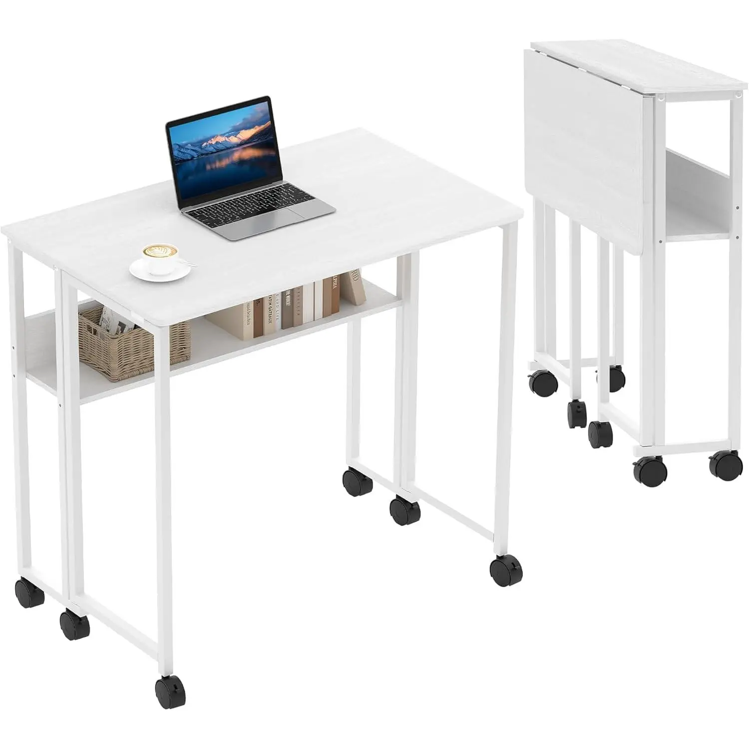 Garvee Folding Rolling Desk - 24.8 Inch Space Saving with Laptop Table Storage Shelf, Sturdy Frame, Mobile Workstation Sofa Table with Wheels for Dorms, Home, Office, Study - White