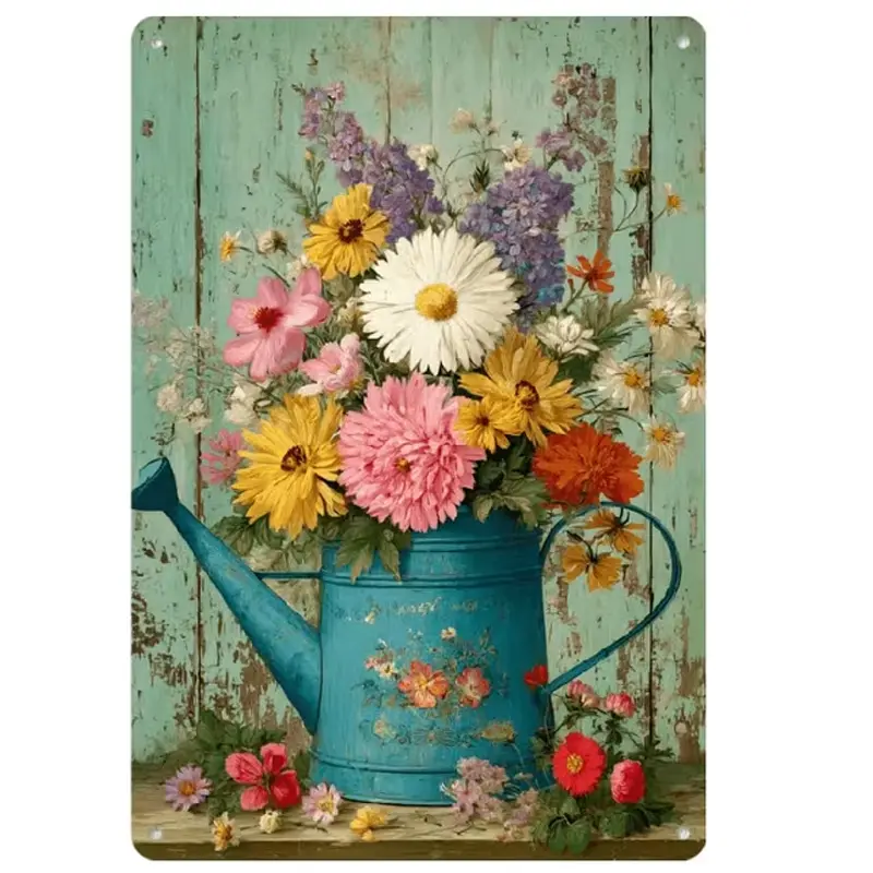 8x12 In Waterproof Vintage Turquoise Watering Can Metal Tin Sign, Distressed Chipped Mint Green Wood Floral Wall Plaque - Shabby Chic Cottage Core Garden Decor for Gardeners, Kitchen Decor Ideas Home Wall Art