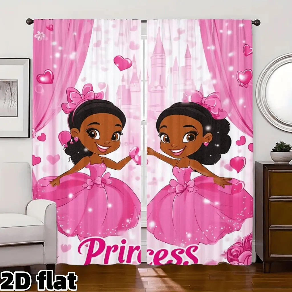 2D Flat 2Pcs Pink Princess Castle Heart Pattern Semi Sheer Curtains Magical Fantasy Bow Dress Design Room Darkening Rod Pocket Panels Aesthetic Fairy Tale Theme Suitable for Living Room Bedroom Home Decor Window Treatment Home Decoration Curtain
