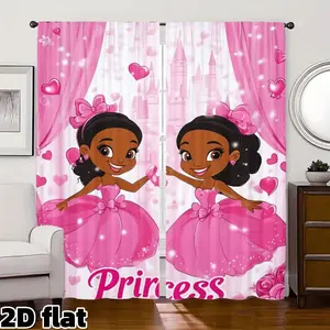 2D Flat 2Pcs Pink Princess Castle Heart Pattern Semi Sheer Curtains Magical Fantasy Bow Dress Design Room Darkening Rod Pocket Panels Aesthetic Fairy Tale Theme Suitable for Living Room Bedroom Home Decor Window Treatment Home Decoration Curtain