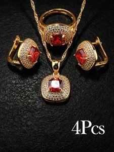 4pcs 18K Gold Tone Plated Jewelry Set Simulated Emerald Green Cubic Zirconia Pendant Necklace Dangle Earrings Adjustable Ring Fashion Accessories For Women Daily Party Wedding
