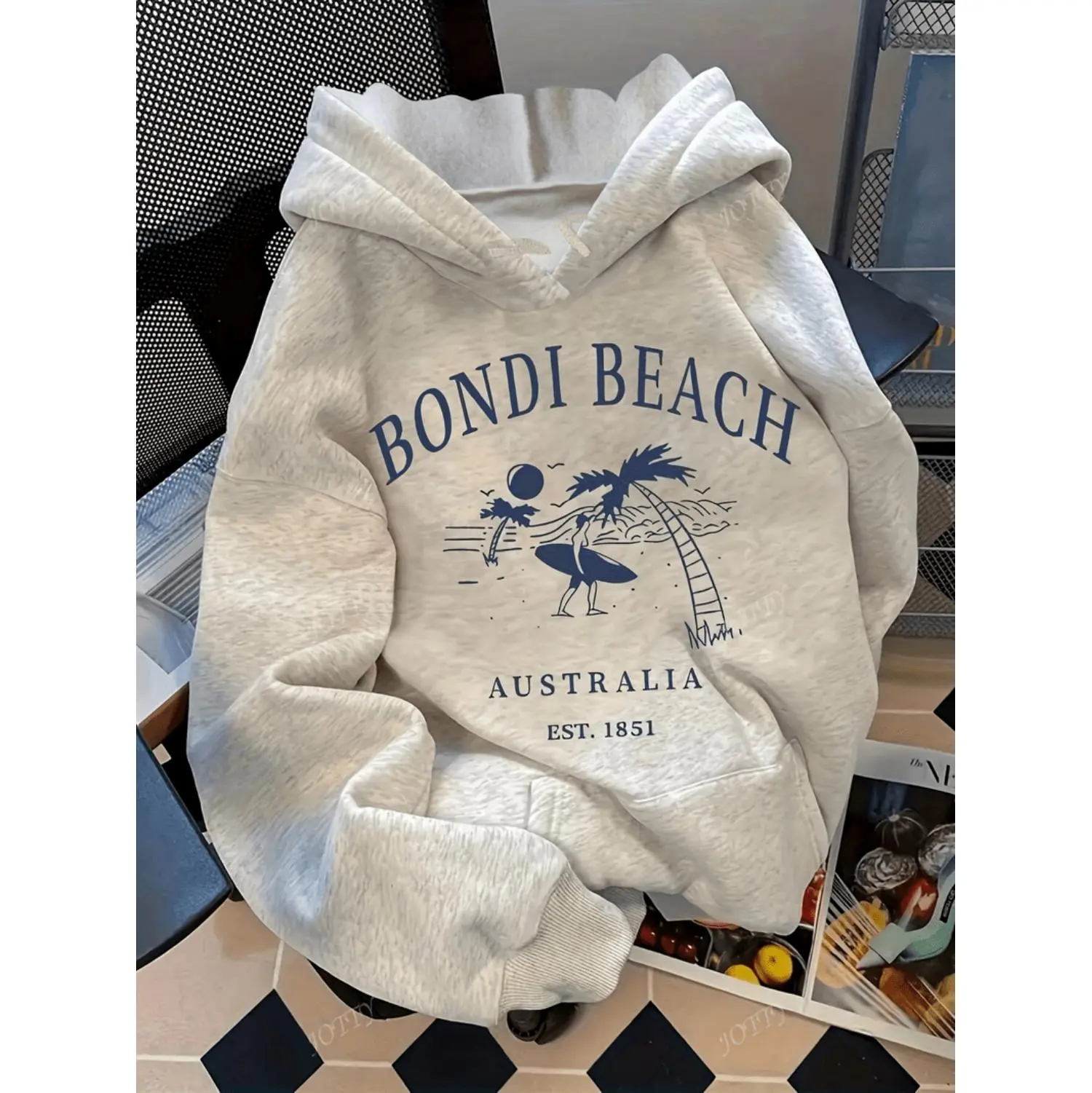 Men's Surfwear Graphic Pullover Hoodie in Light Grey, Moisture-Wicking & Stretchy Sweatshirt Fabric for Casual or Active Wear, Sporty Chic, Wave Print, Tops, Sweatshirts, Menswear, Fun Patterns, Long Sleeve