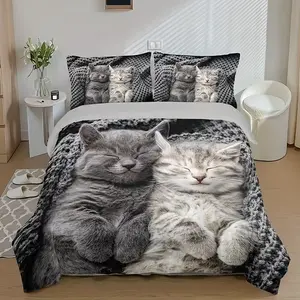 3pcs Premium Couple's Cat Print Quilt Cover Set, Skin-Friendly, Breathable, Soft, Comfortable, Warm, Pilling Resistant, Duvet Cover Sets