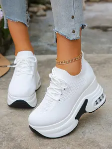 Women's Fashion Wedge Platform Hidden Heel Casual Sneakers, Breathable Hollow-Out Knitted Upper, All-Season for Daily & Commute Wear, Must-Have for Petite Women, Ideal Gift for Friends