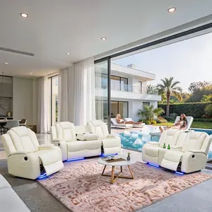 Ainehome Modern LED 3-Piece White Leather Electric Recliner Sofa Set, Breathable Power Reclining Living Room Couch with Adjustable Backrest, Storage, Ambient Lighting, Wireless Chargers bedroom lounge