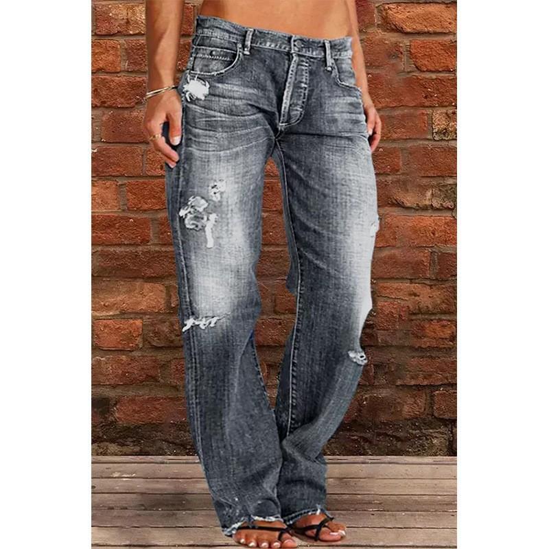Women's Ripped Jeans Mid Rise Straight Leg Denim Jean Plus Size Boyfriend Jeans Baggy Flare Pants 90s Hippie Clothes