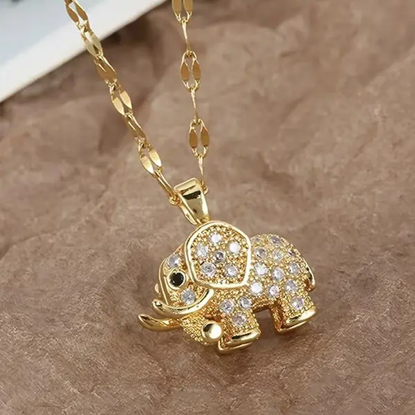 Women's 14K Gold Vintage Ethnic-Style Zircon Elephant CZ Pendant Necklace - Stainless Steel Chain, Bold Statement Necklaces, Non Tarnish Jewelry, Accessories for Daily Outfits