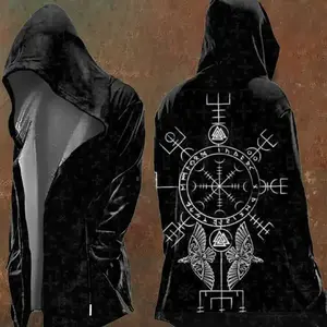Hooded cardigan men's open cape, compass and Tree of Life design, soft wool lining Gothic street jacket men's aesthetic culture fashion sportswear top casual long sleeved styleRAIMENTRY