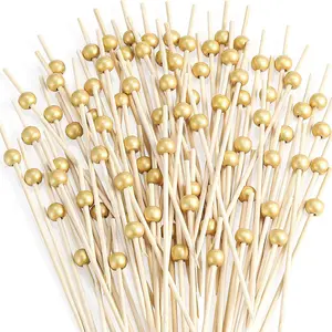 200 Pcs Cocktail Picks, 4.7 Inch Toothpicks for Appetizers, Bamboo Cocktail Sticks Skewers for Drinks, Desserts, Charcuterie, Wedding Party Fancy Toothpicks, Gold Pearl Mini Food Picks Decorative