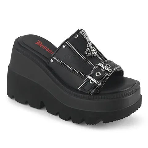 Demonia Women's Shaker-07 Black Vegan Leather Platform Sandals, Elevated Sandals, Platform Wedges, Wedge Statement Shoes with Corset Look