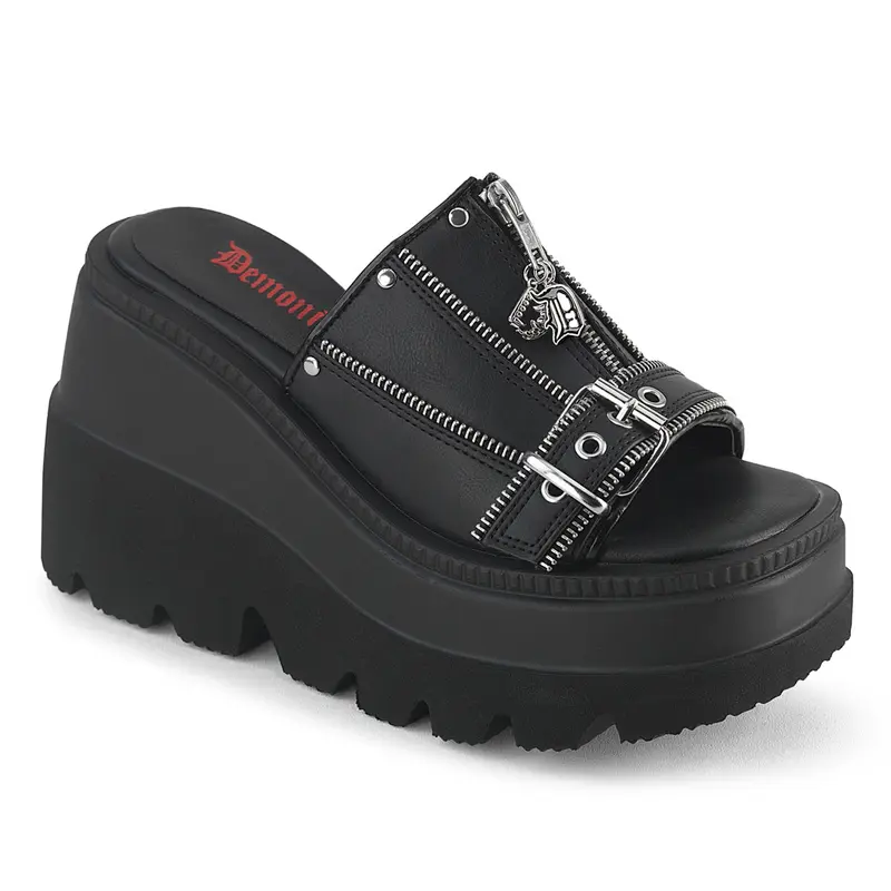Demonia Women's Shaker-07 Black Vegan Leather Platform Sandals, Elevated Sandals, Platform Wedges, Wedge Statement Shoes with Corset Look