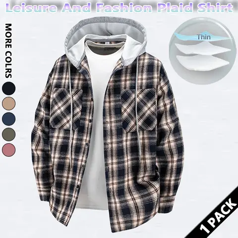 Men's Plaid Classic Hooded Jacket Top - Lightweight Single-Breasted Long-Sleeve Mensfashion Sweatshirt, Soft Fabric, Stylish Streetwear Look, Ideal for Casual Fall Outfits & Jeans Pairing